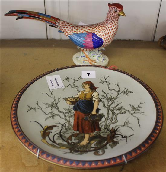 Herend model of a cock pheasant and a Mettlach dish
